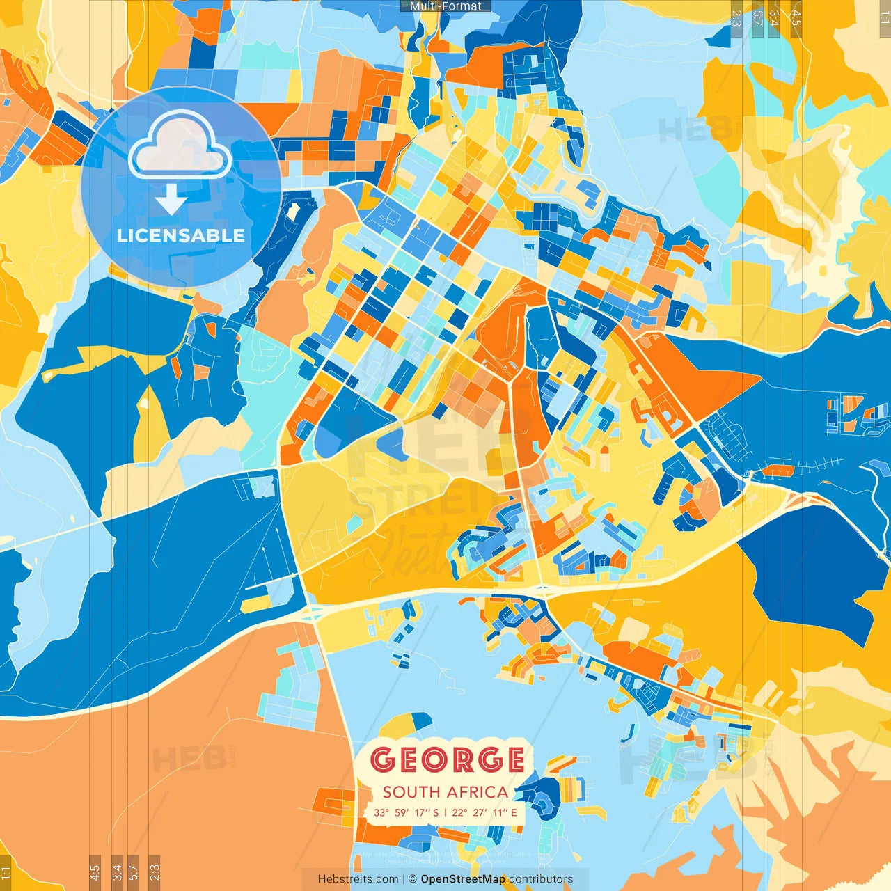 George, South Africa blue and orange vector art map template