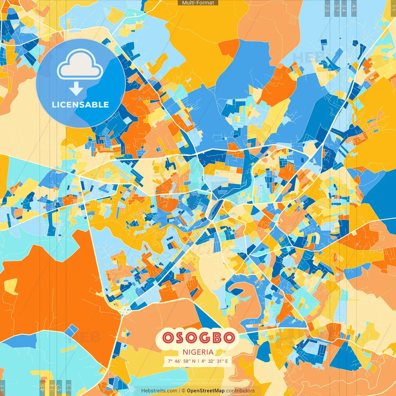 Osogbo, Nigeria blue and orange vector art map template