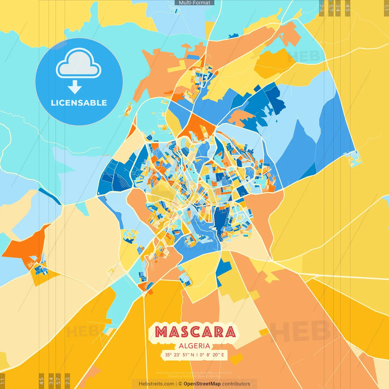 Mascara, Algeria blue and orange vector art map template