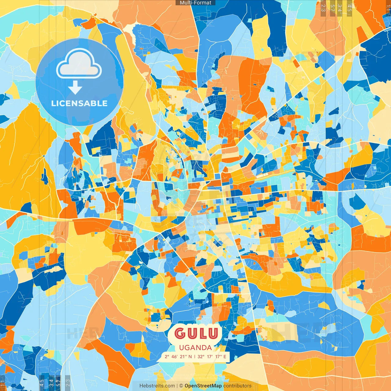 Gulu, Uganda blue and orange vector art map template