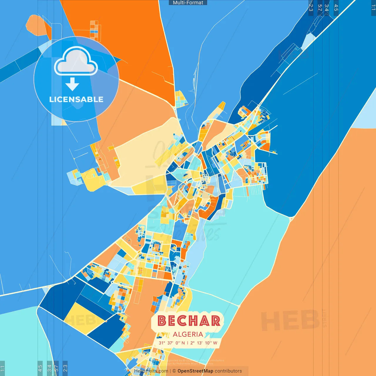 Bechar, Algeria blue and orange vector art map template