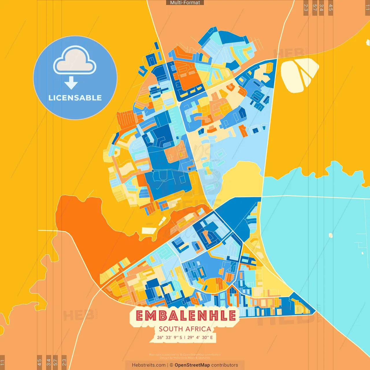 eMbalenhle, South Africa blue and orange vector art map template