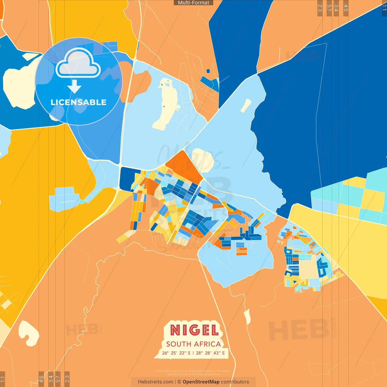 Nigel, South Africa blue and orange vector art map template