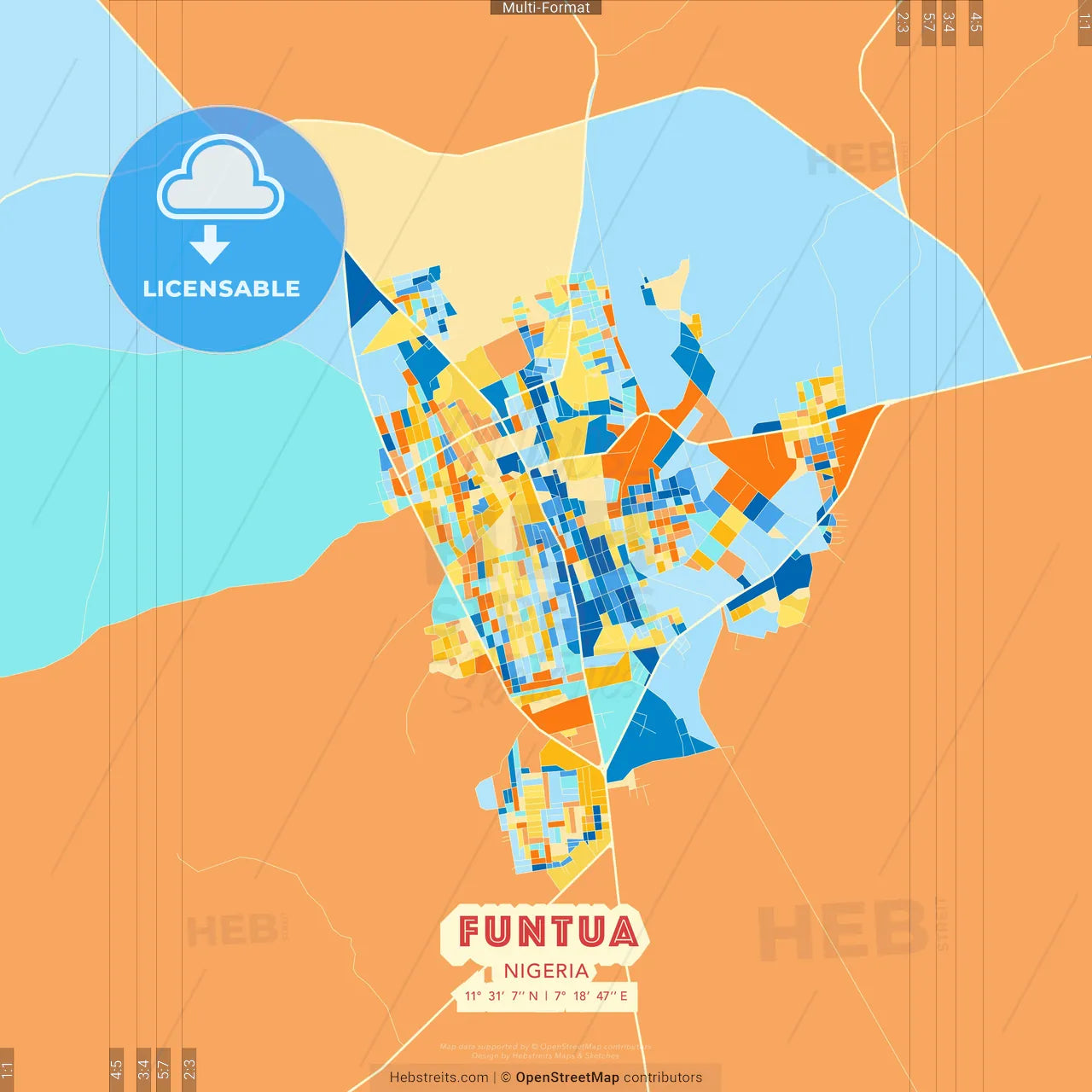 Funtua, Nigeria blue and orange vector art map template