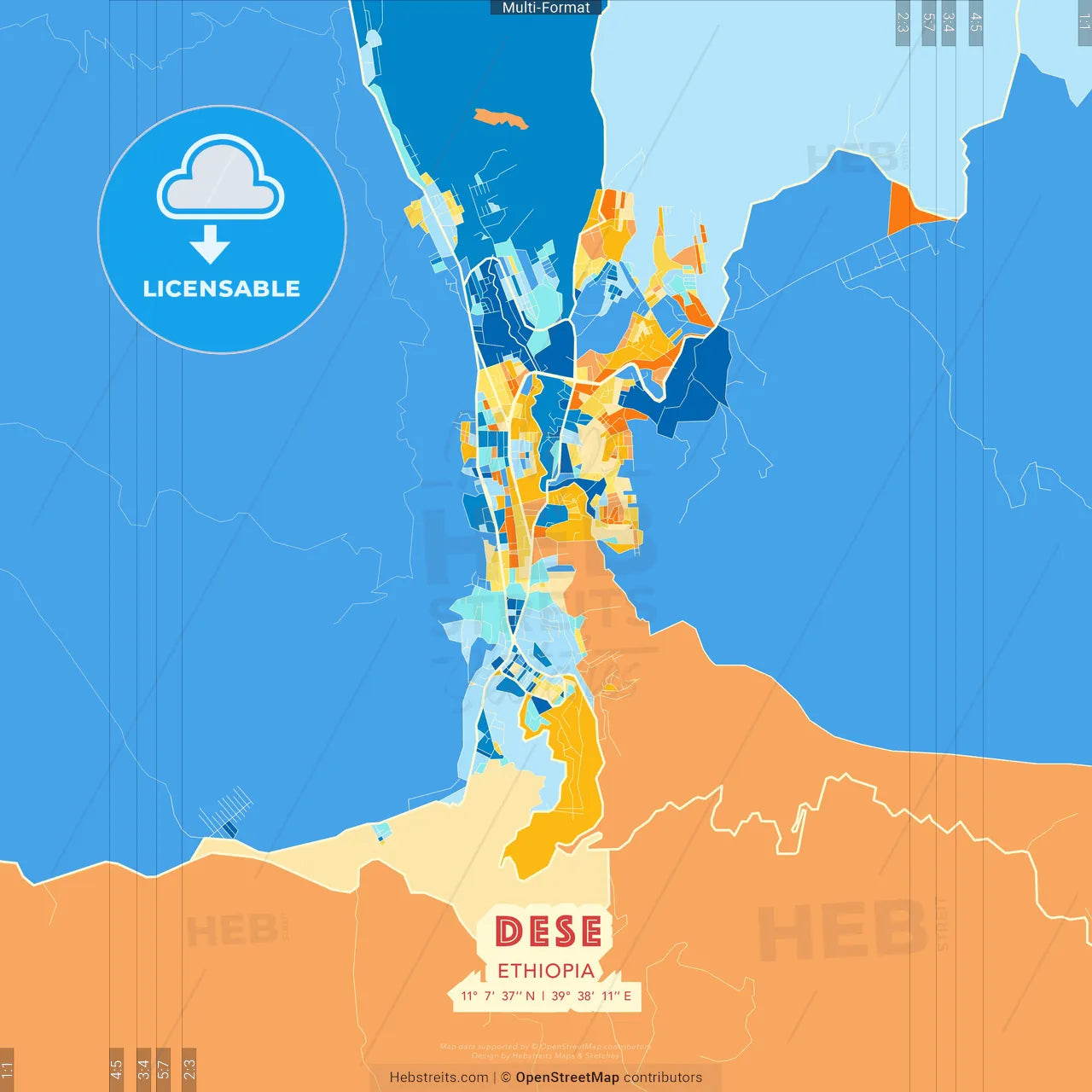 Dese, Ethiopia blue and orange vector art map template