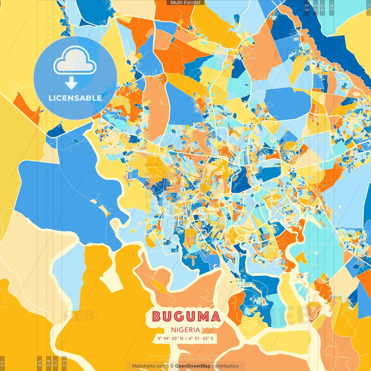 Buguma, Nigeria blue and orange vector art map template