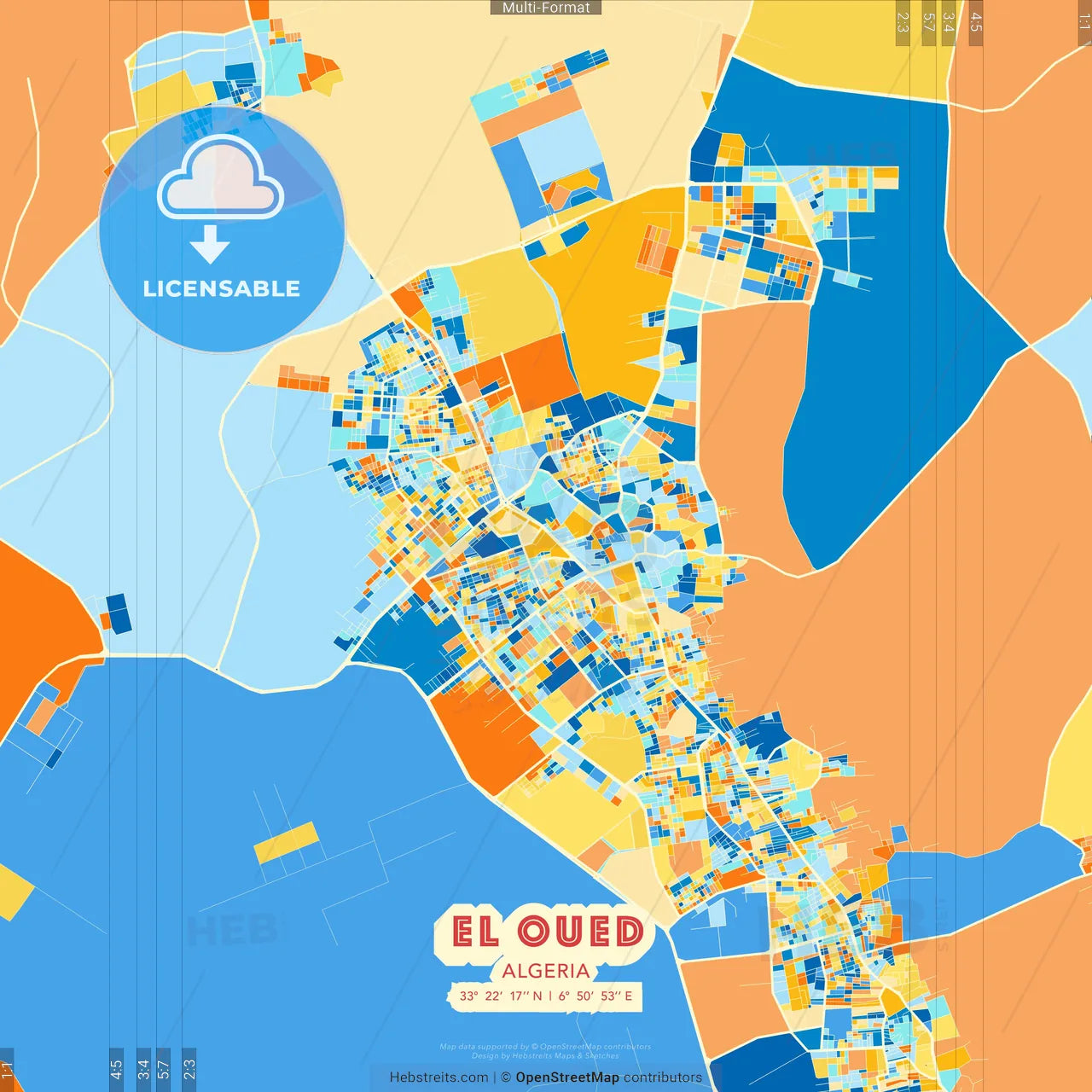 El Oued, Algeria blue and orange vector art map template