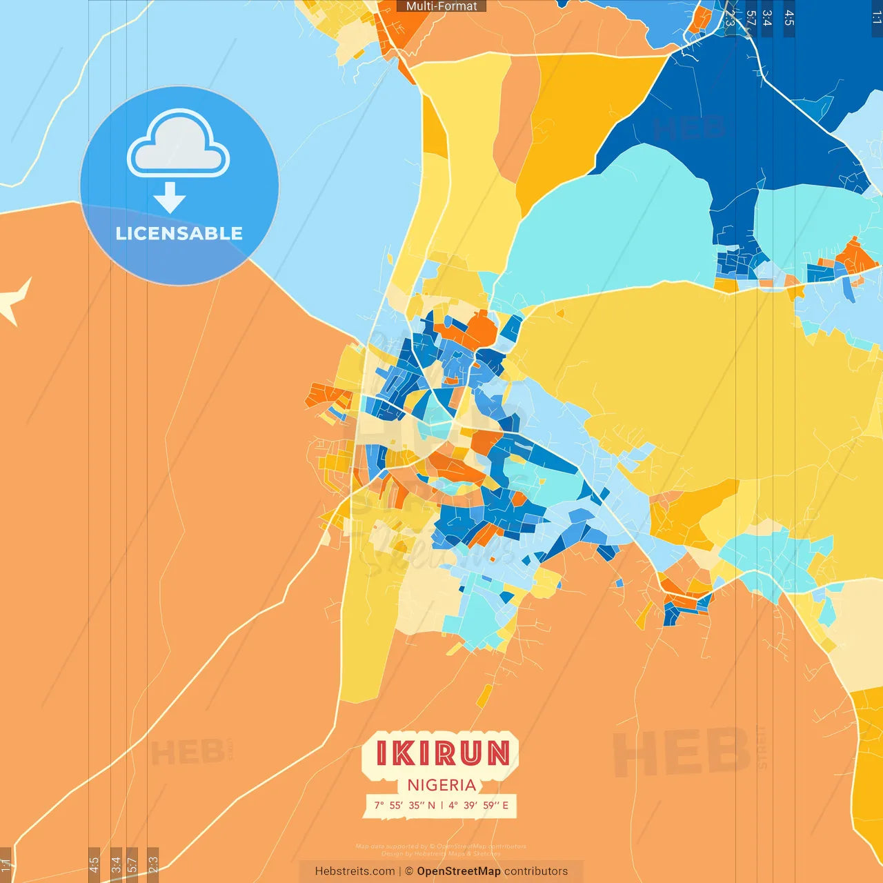 Ikirun, Nigeria blue and orange vector art map template