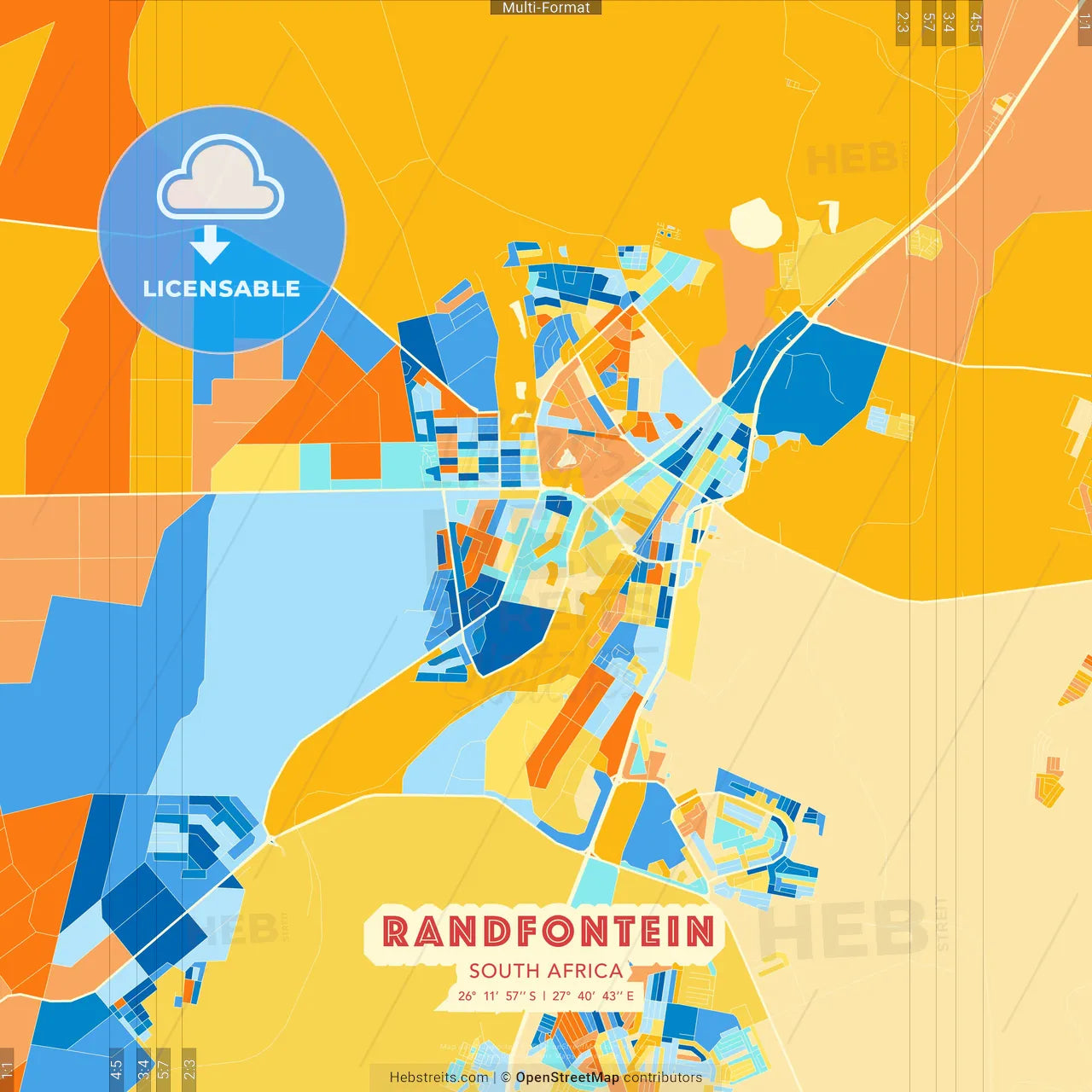 Randfontein, South Africa blue and orange vector art map template