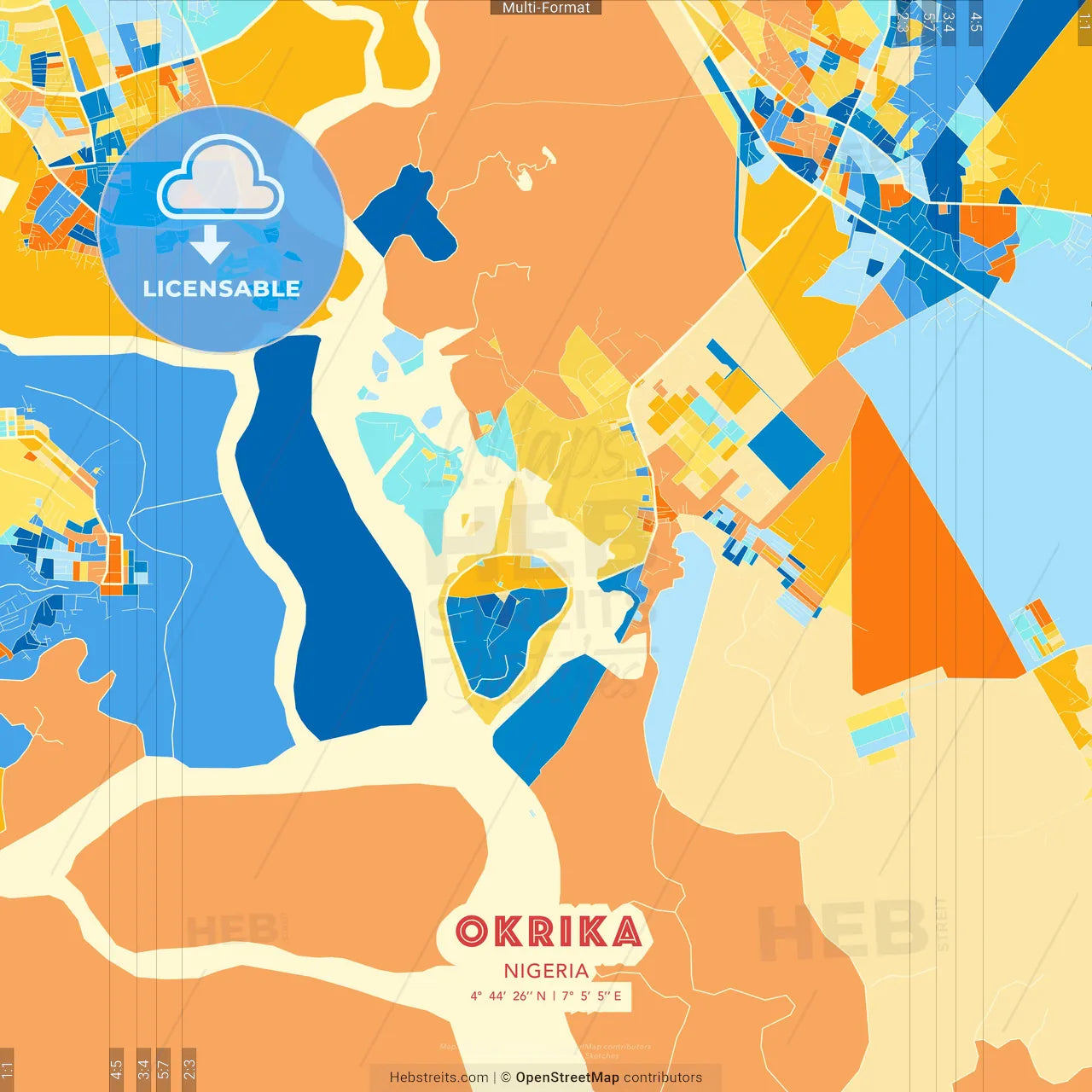 Okrika, Nigeria blue and orange vector art map template