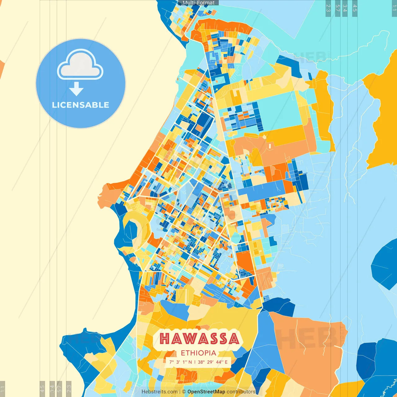 Hawassa, Ethiopia blue and orange vector art map template