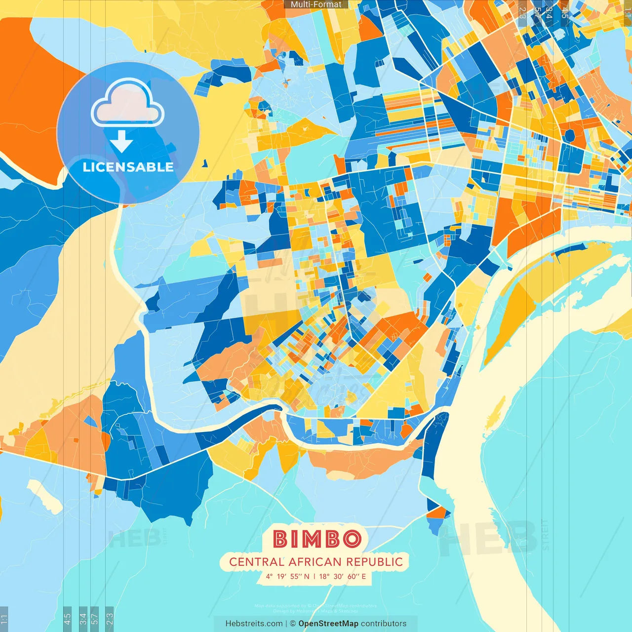 Bimbo, Central African Republic blue and orange vector art map template