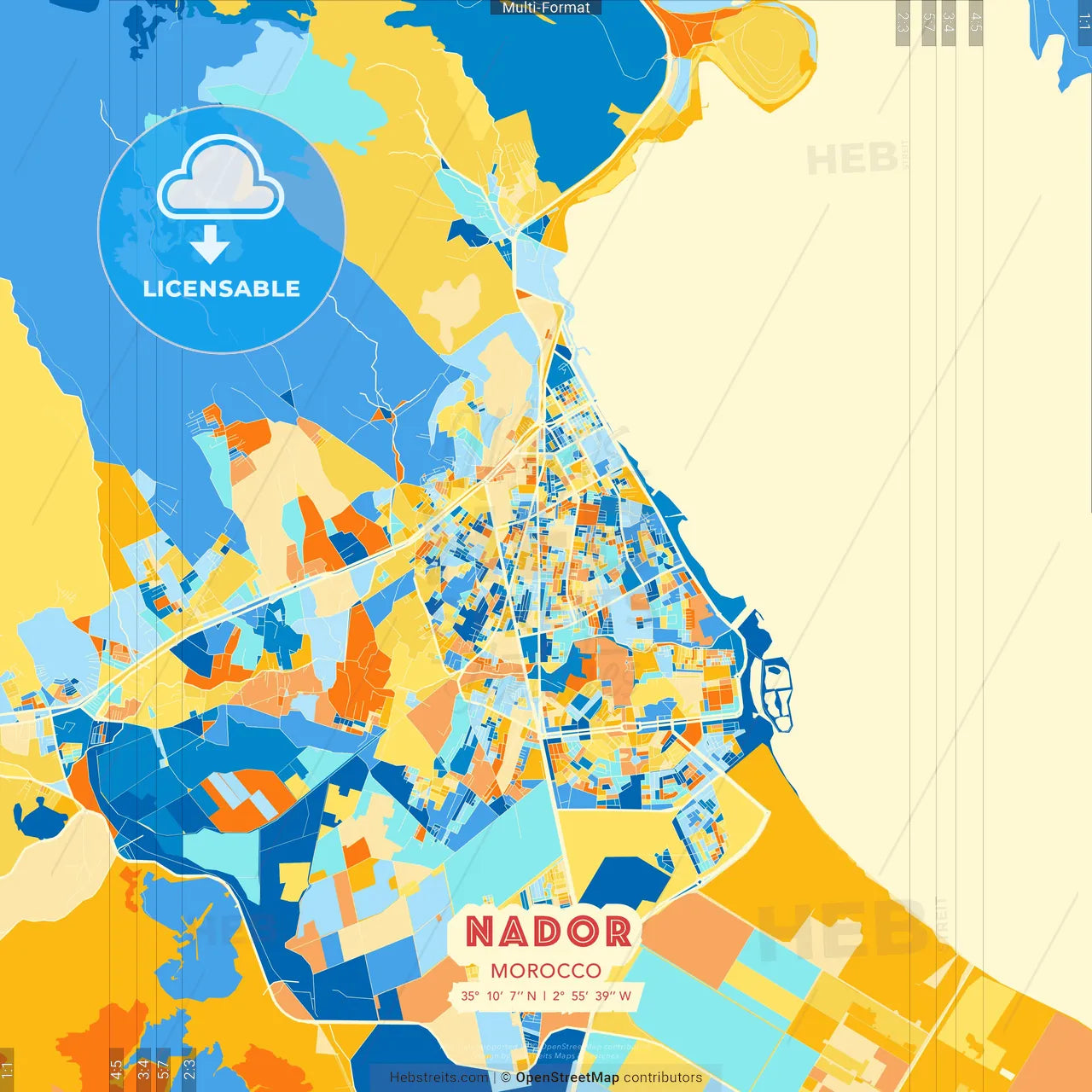 Nador, Morocco blue and orange vector art map template