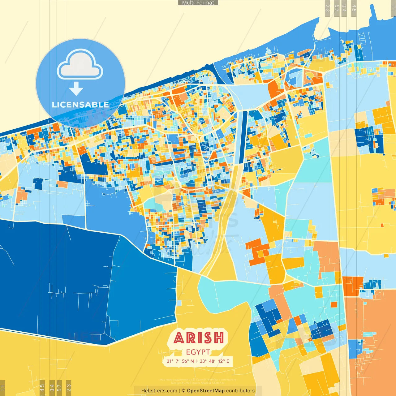 Arish, Egypt blue and orange vector art map template