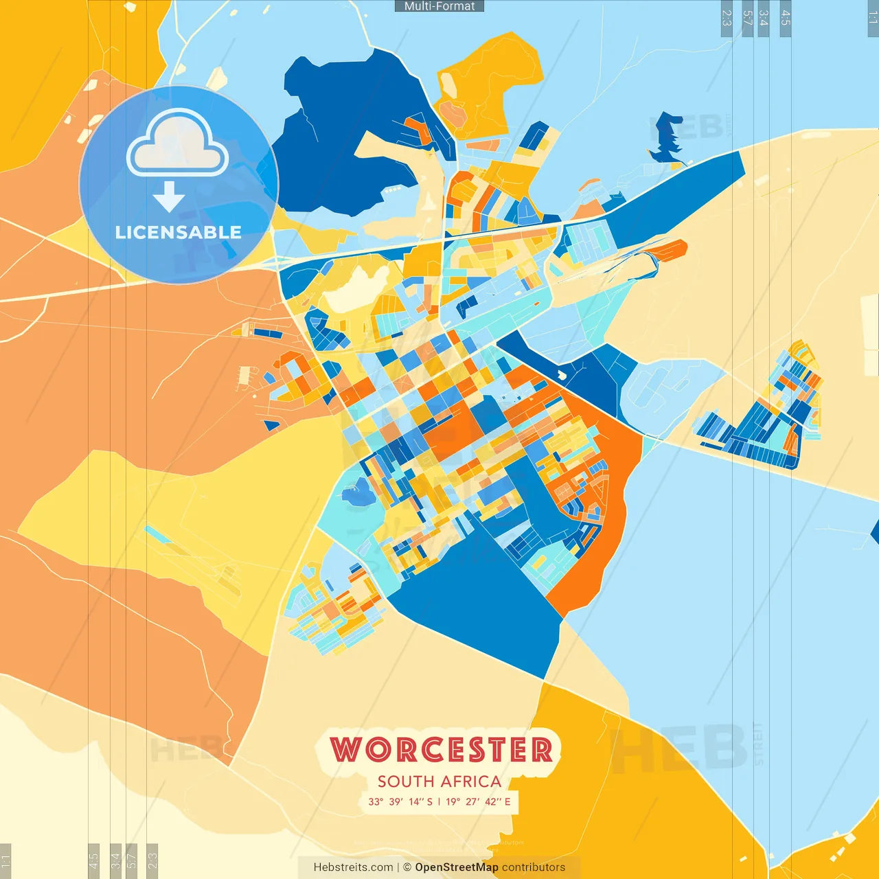 Worcester, South Africa blue and orange vector art map template