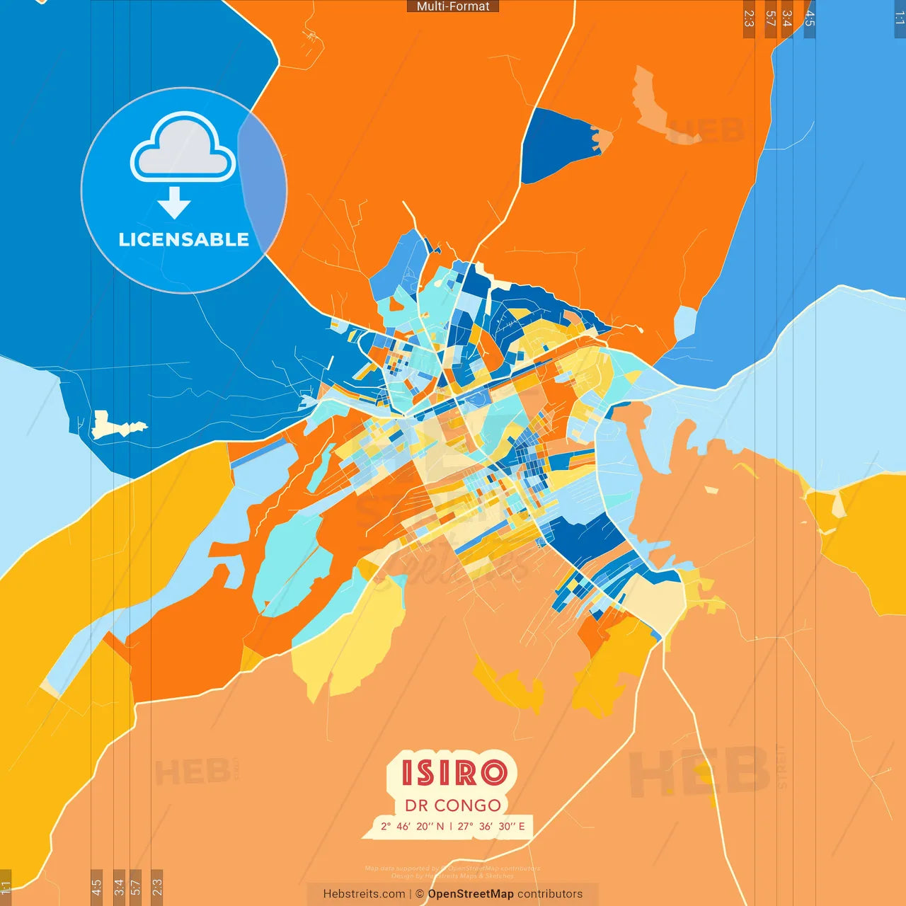 Isiro, DR Congo blue and orange vector art map template