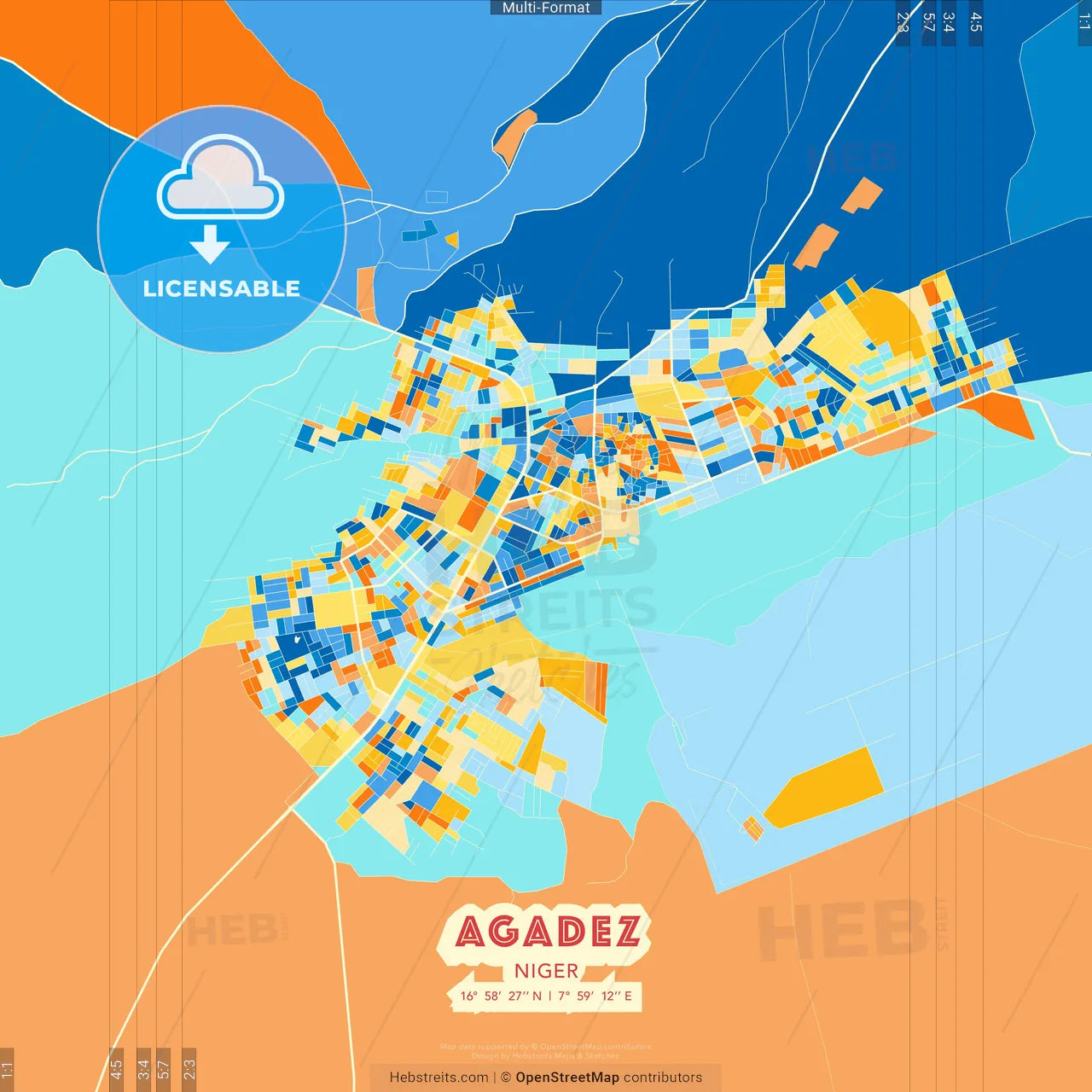 Agadez, Niger blue and orange vector art map template