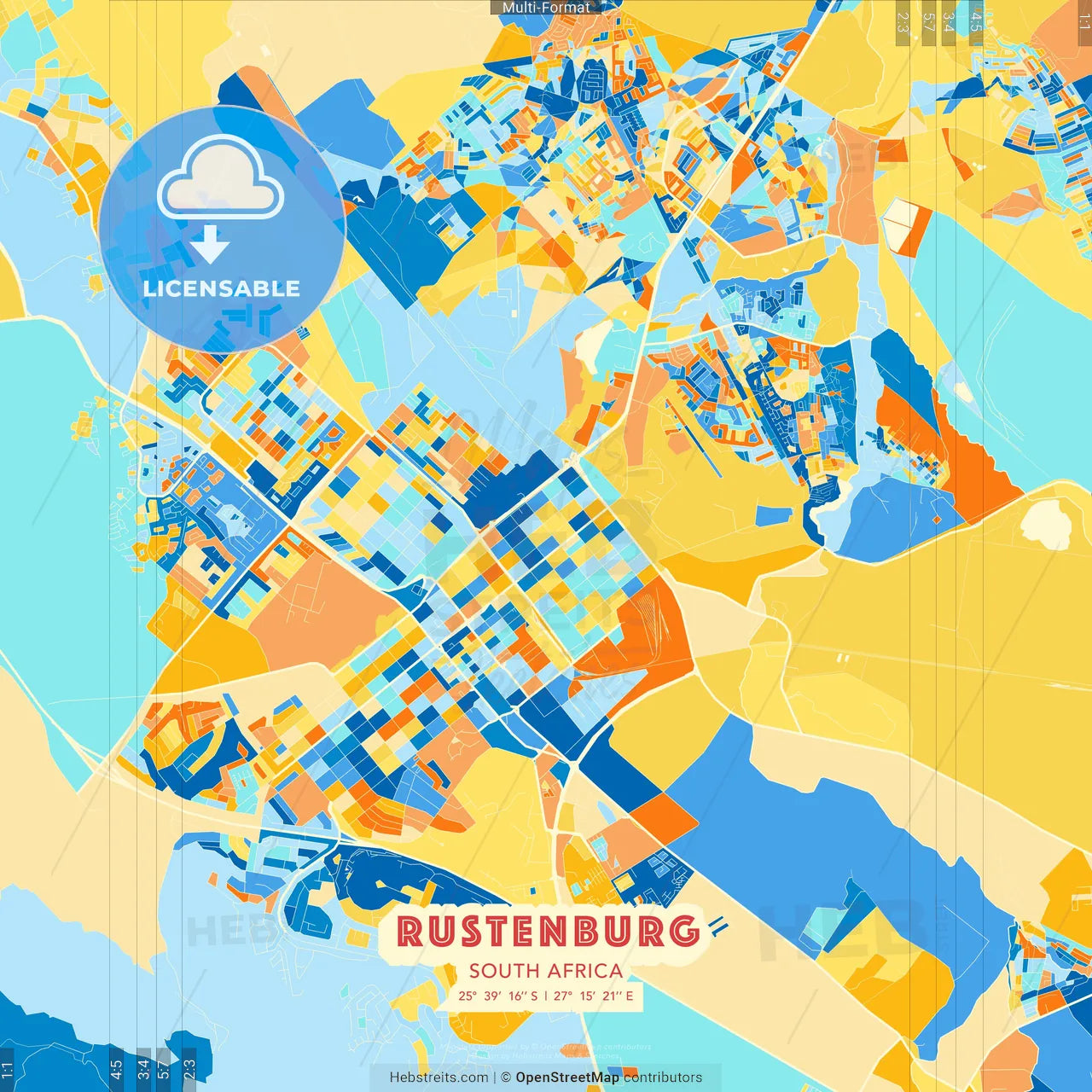 Rustenburg, South Africa blue and orange vector art map template
