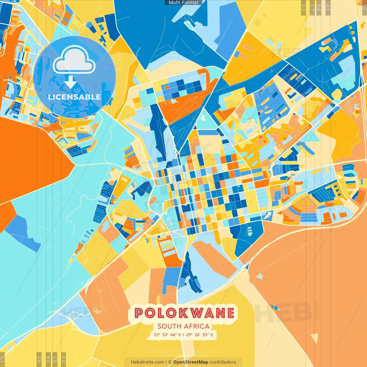 Polokwane, South Africa blue and orange vector art map template