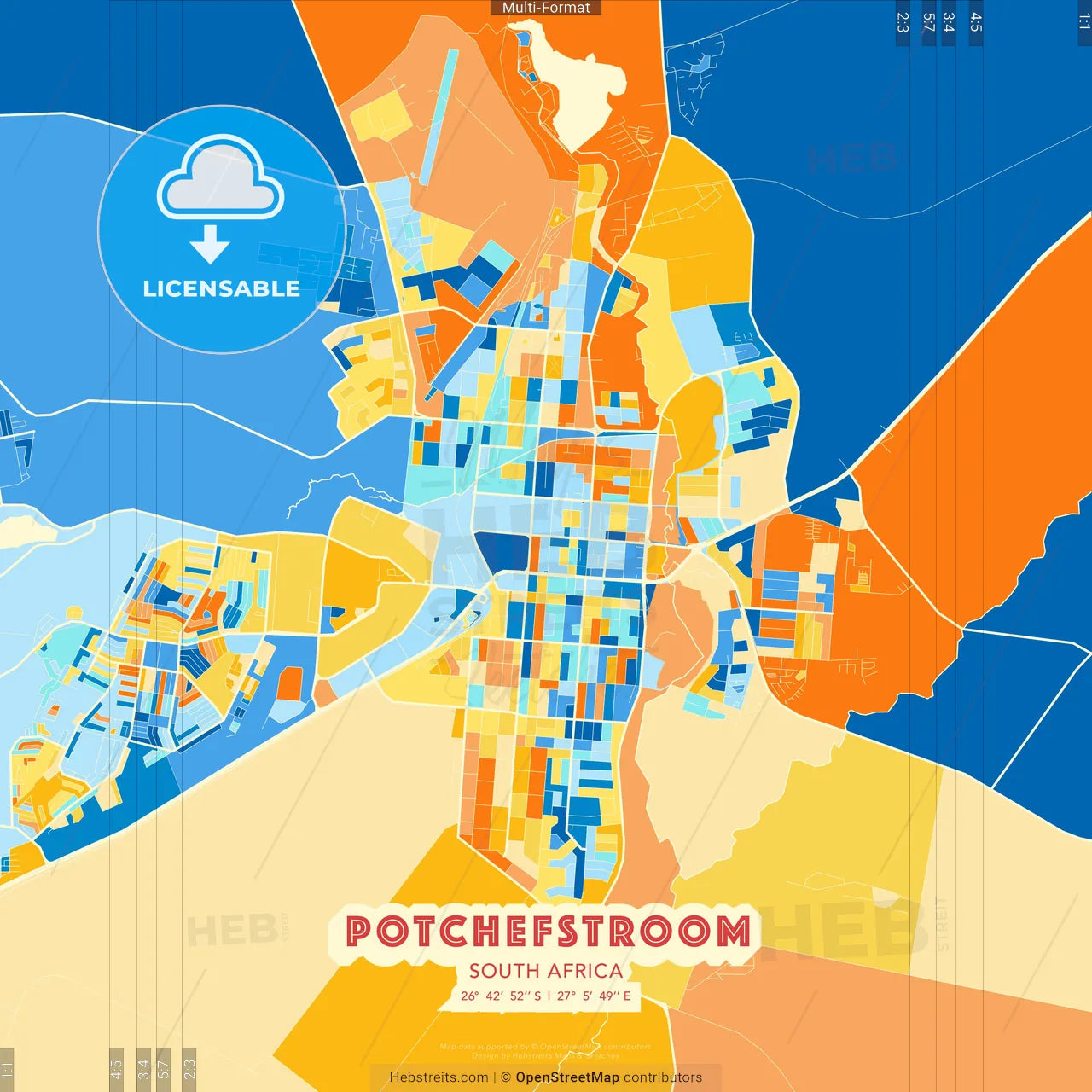 Potchefstroom, South Africa blue and orange vector art map template