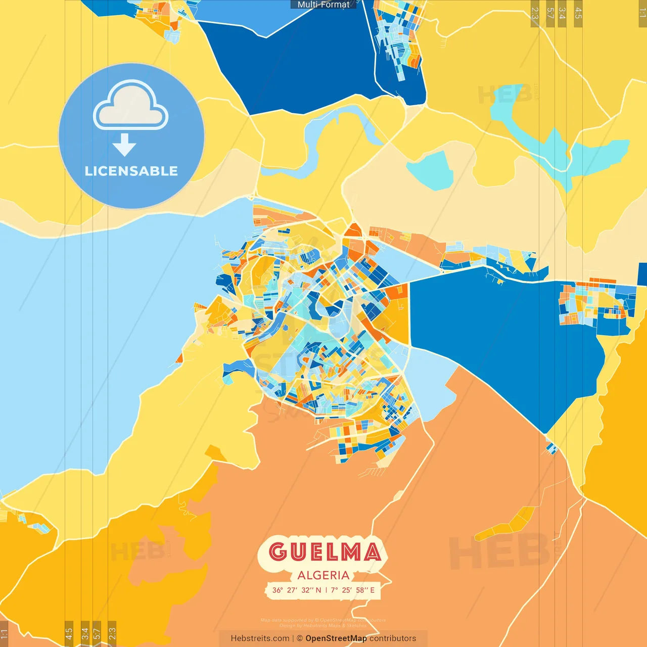 Guelma, Algeria blue and orange vector art map template