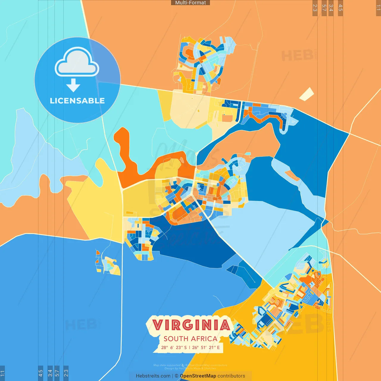 Virginia, South Africa blue and orange vector art map template