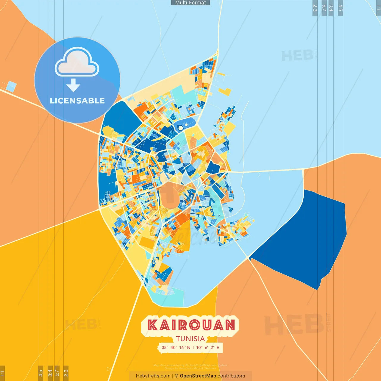 Kairouan, Tunisia blue and orange vector art map template