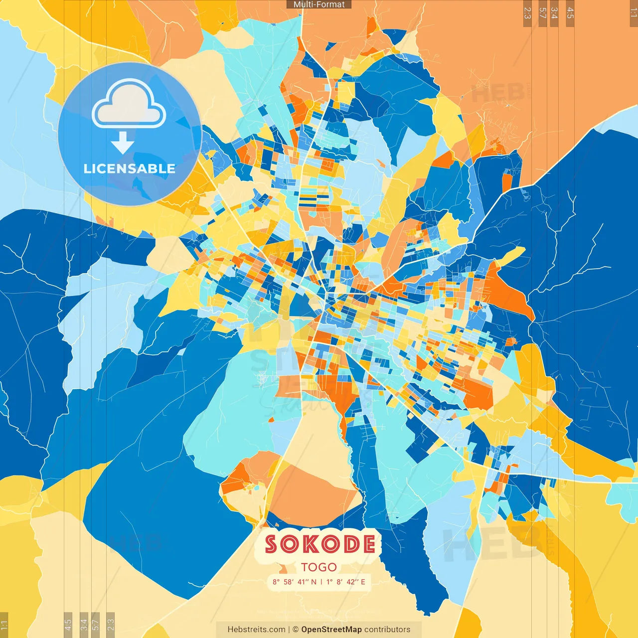 Sokode, Togo blue and orange vector art map template