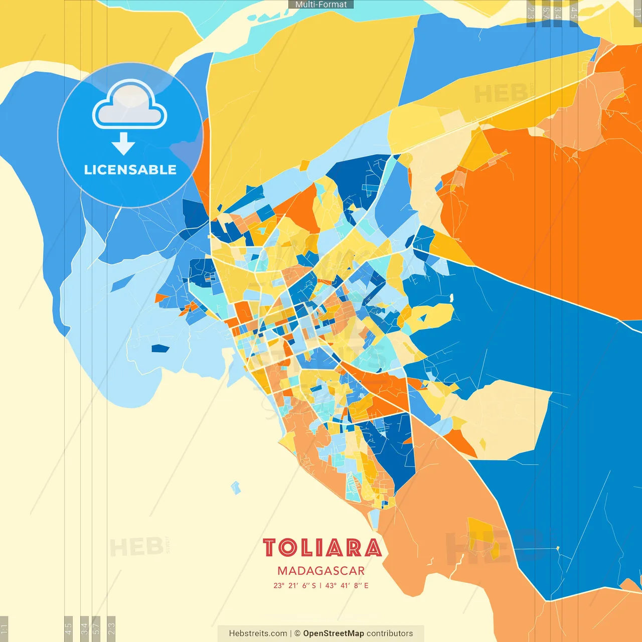 Toliara, Madagascar blue and orange vector art map template