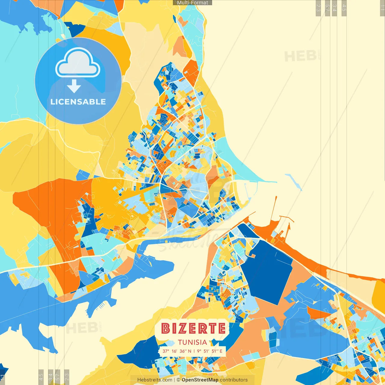 Bizerte, Tunisia blue and orange vector art map template