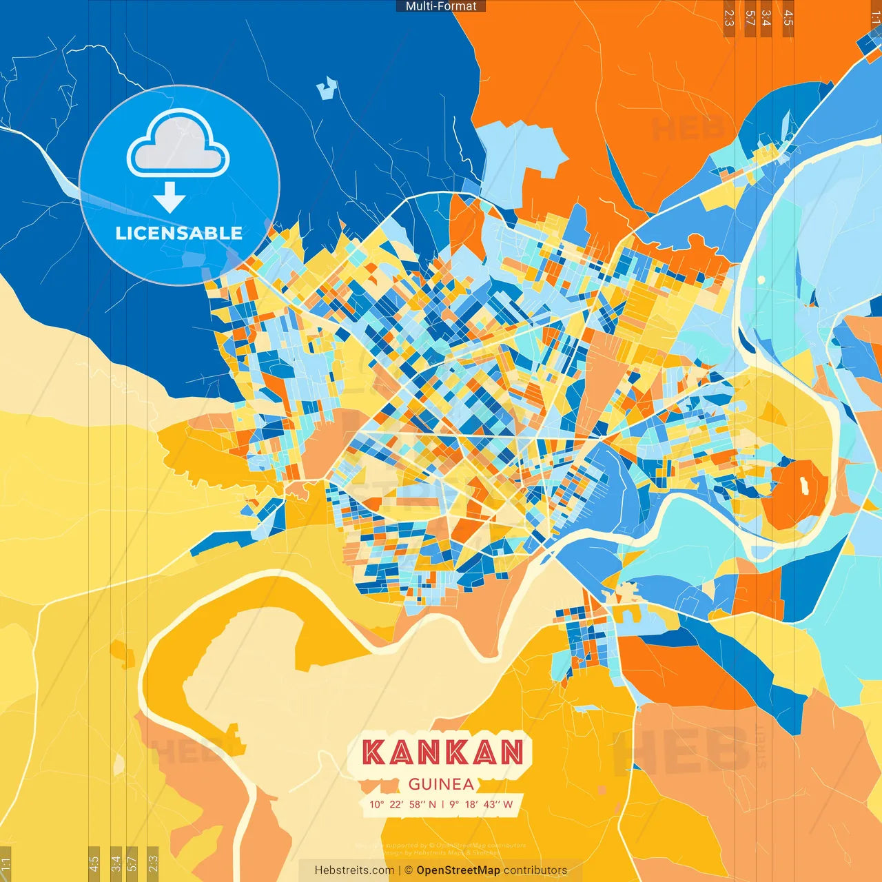 Kankan, Guinea blue and orange vector art map template