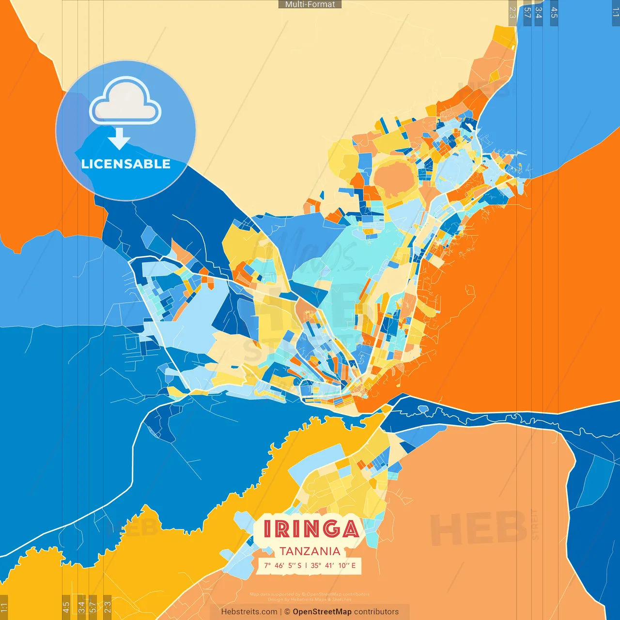 Iringa, Tanzania blue and orange vector art map template