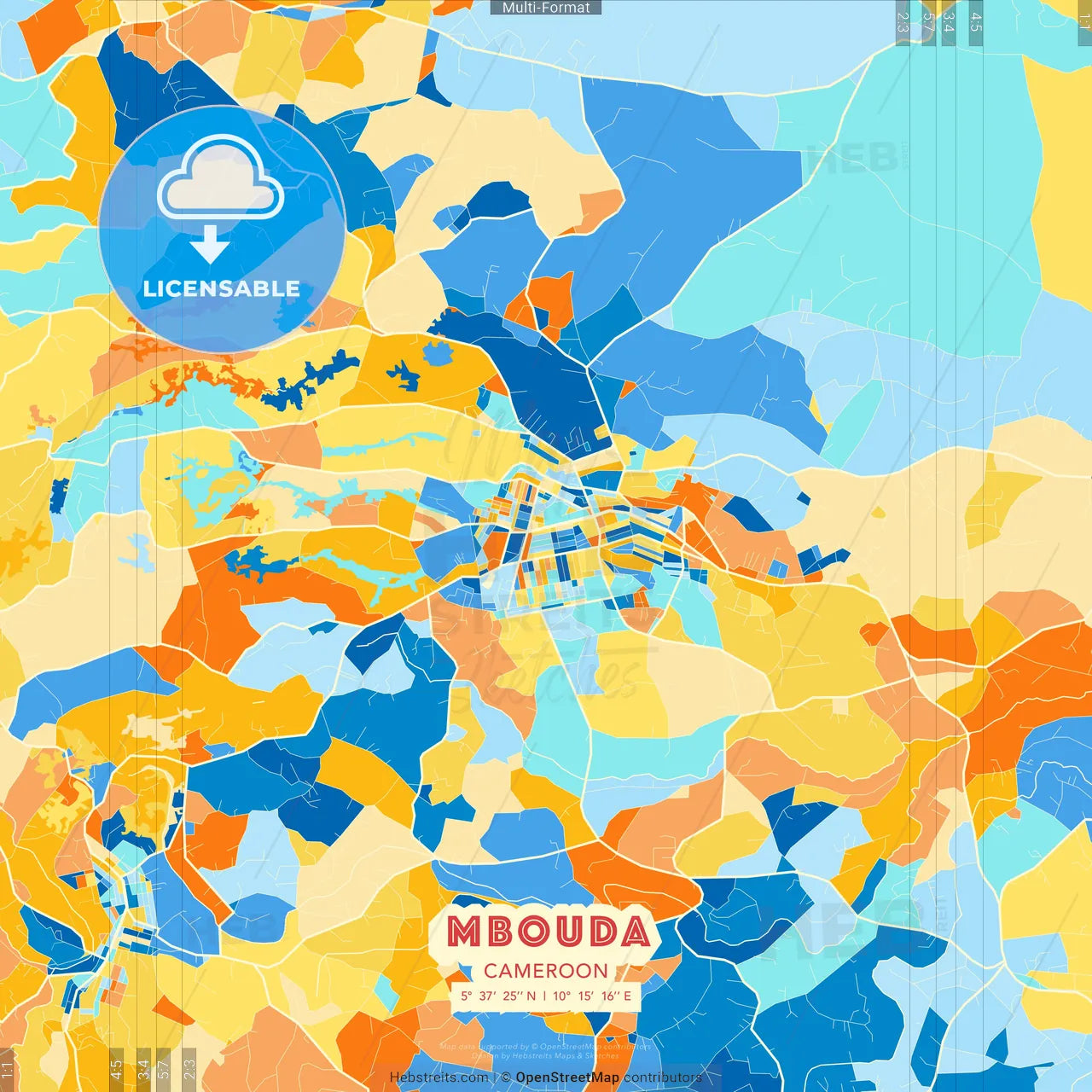 Mbouda, Cameroon blue and orange vector art map template