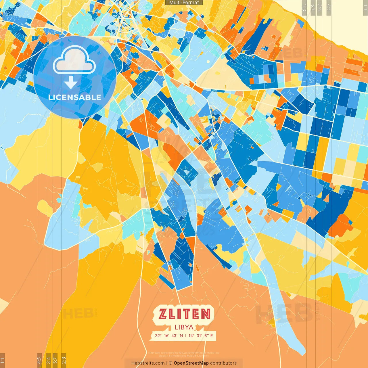 Zliten, Libya blue and orange vector art map template