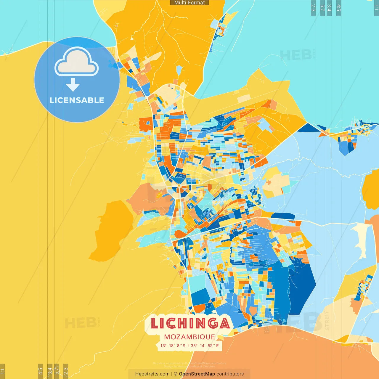 Lichinga, Mozambique blue and orange vector art map template