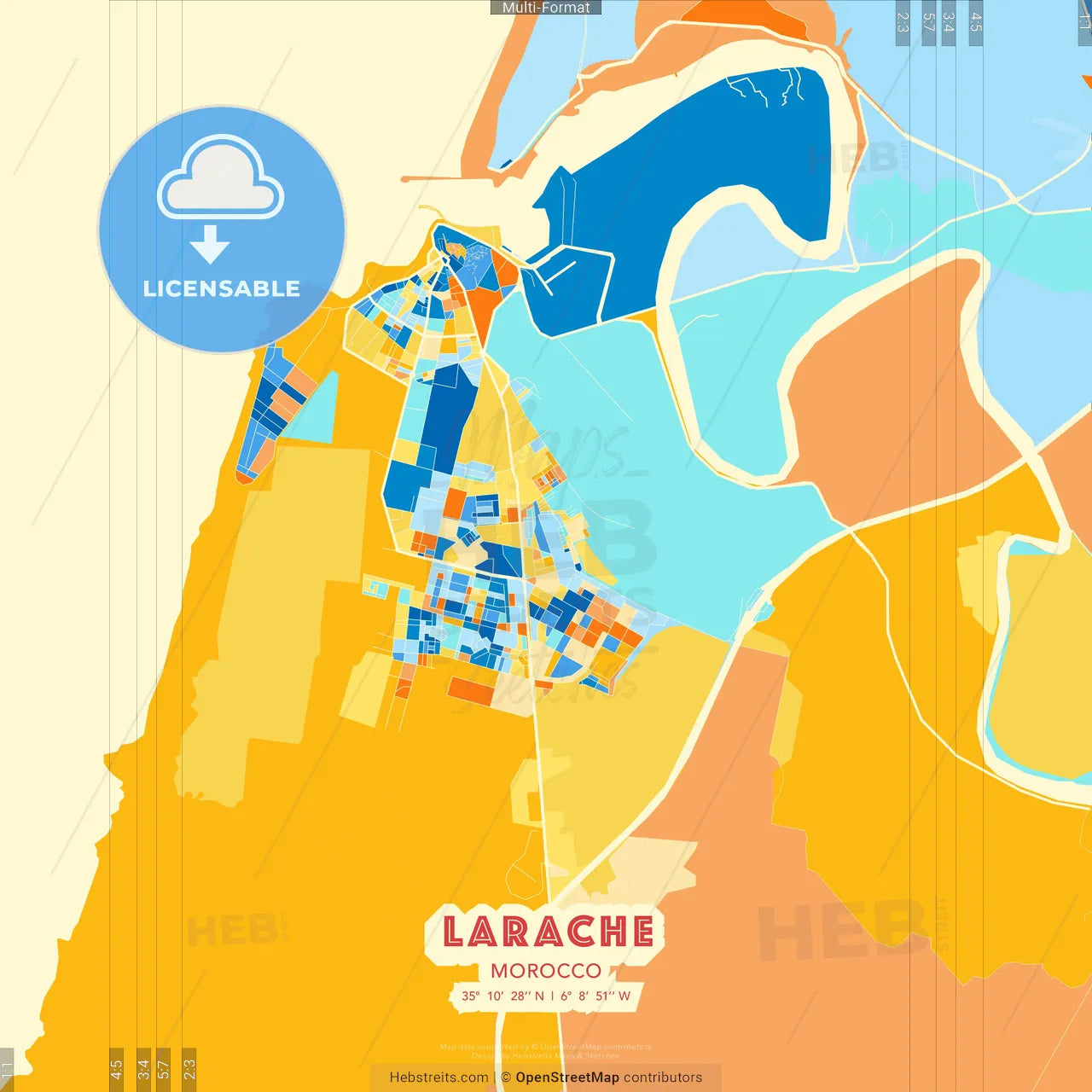 Larache, Morocco blue and orange vector art map template