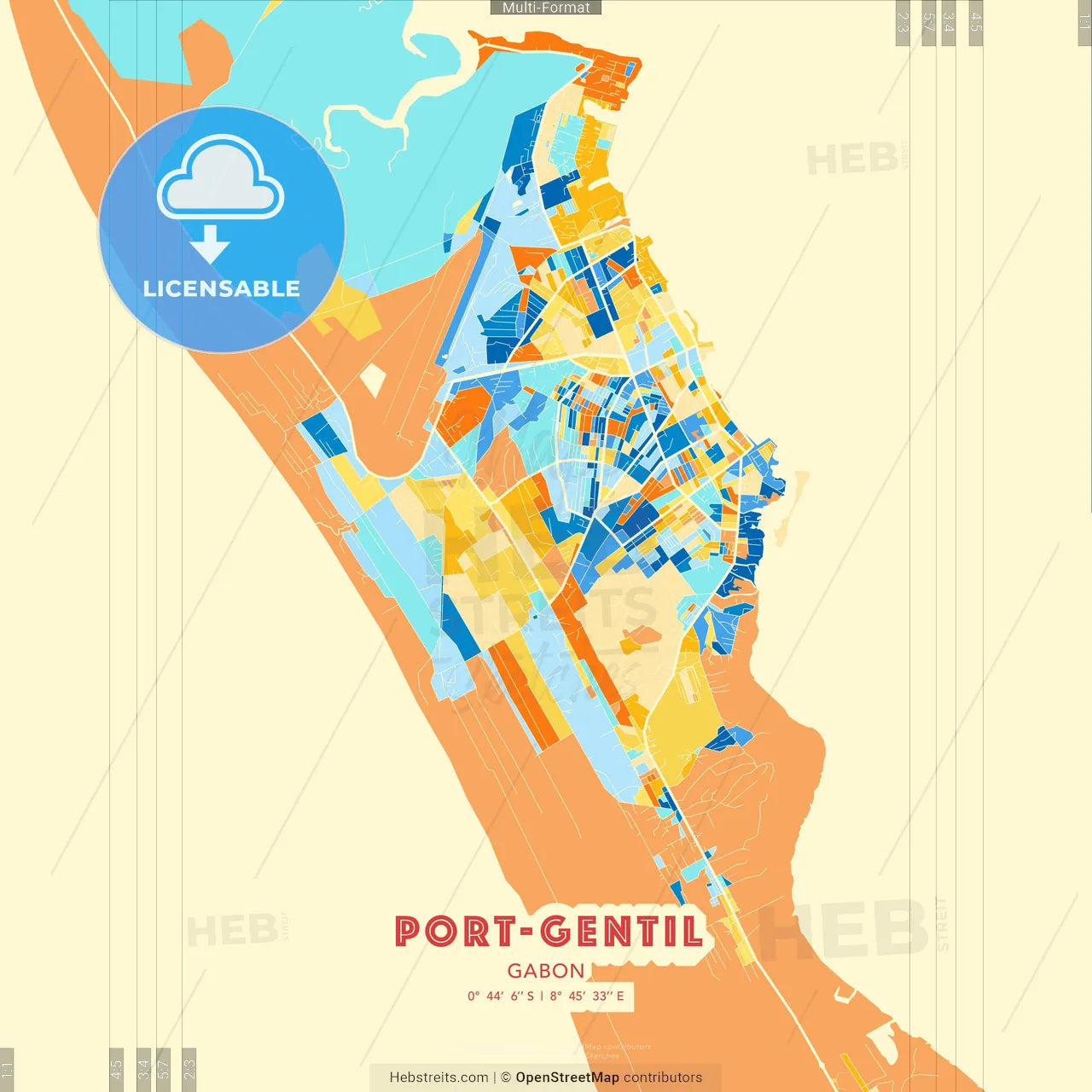 Port-Gentil, Gabon blue and orange vector art map template