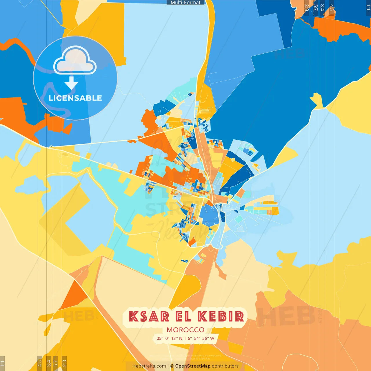 Ksar El Kebir, Morocco blue and orange vector art map template