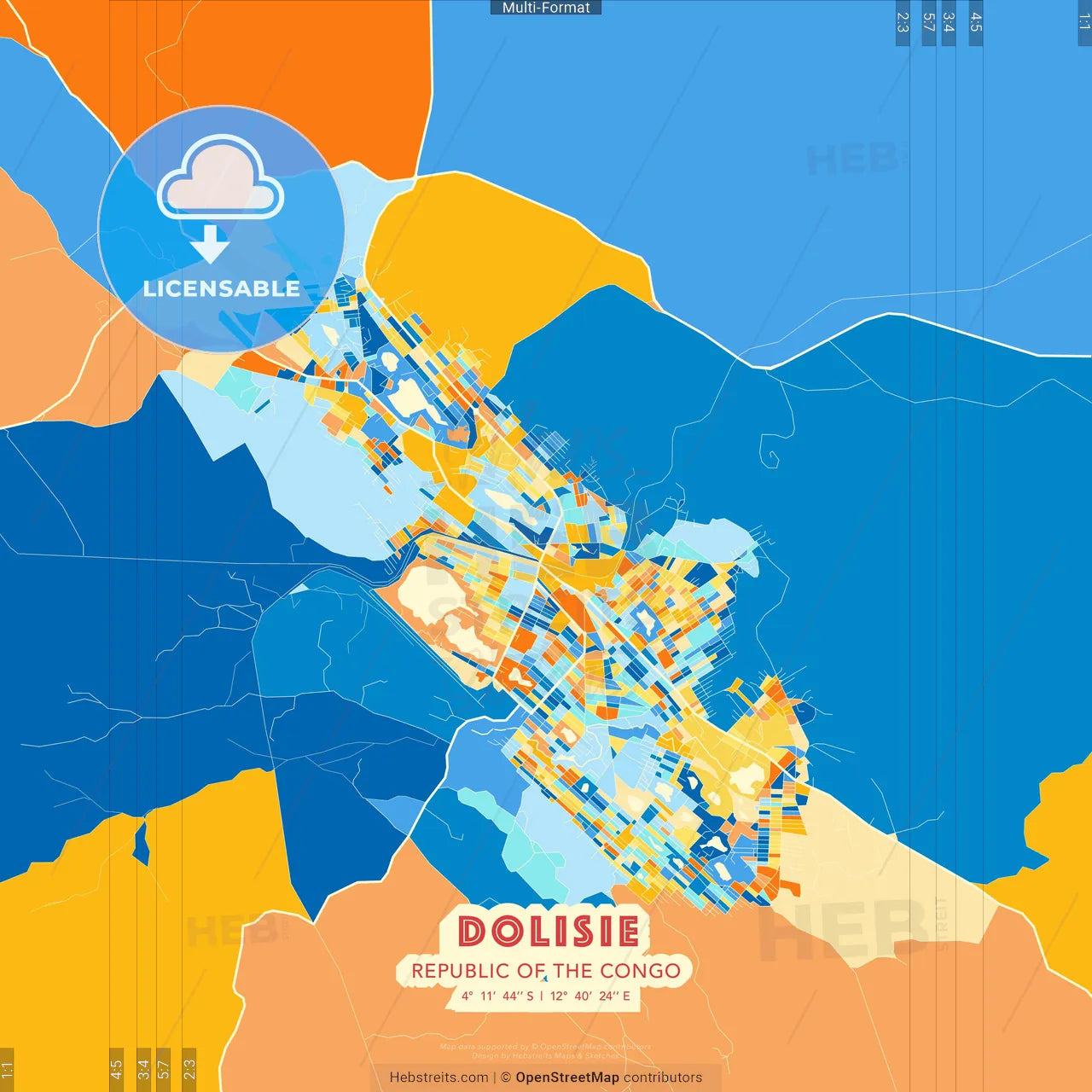 Dolisie, Republic Of The Congo blue and orange vector art map template