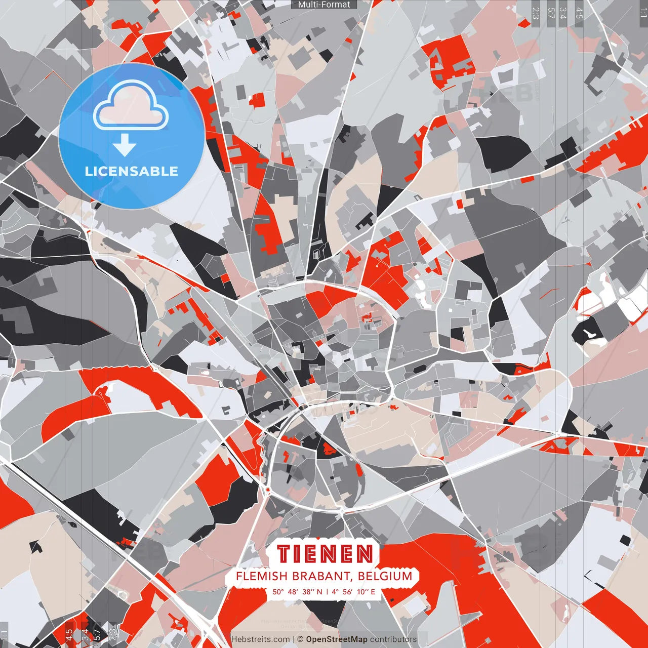 Tienen, Flemish Brabant, Belgium - modern street map poster template with gray and red tones