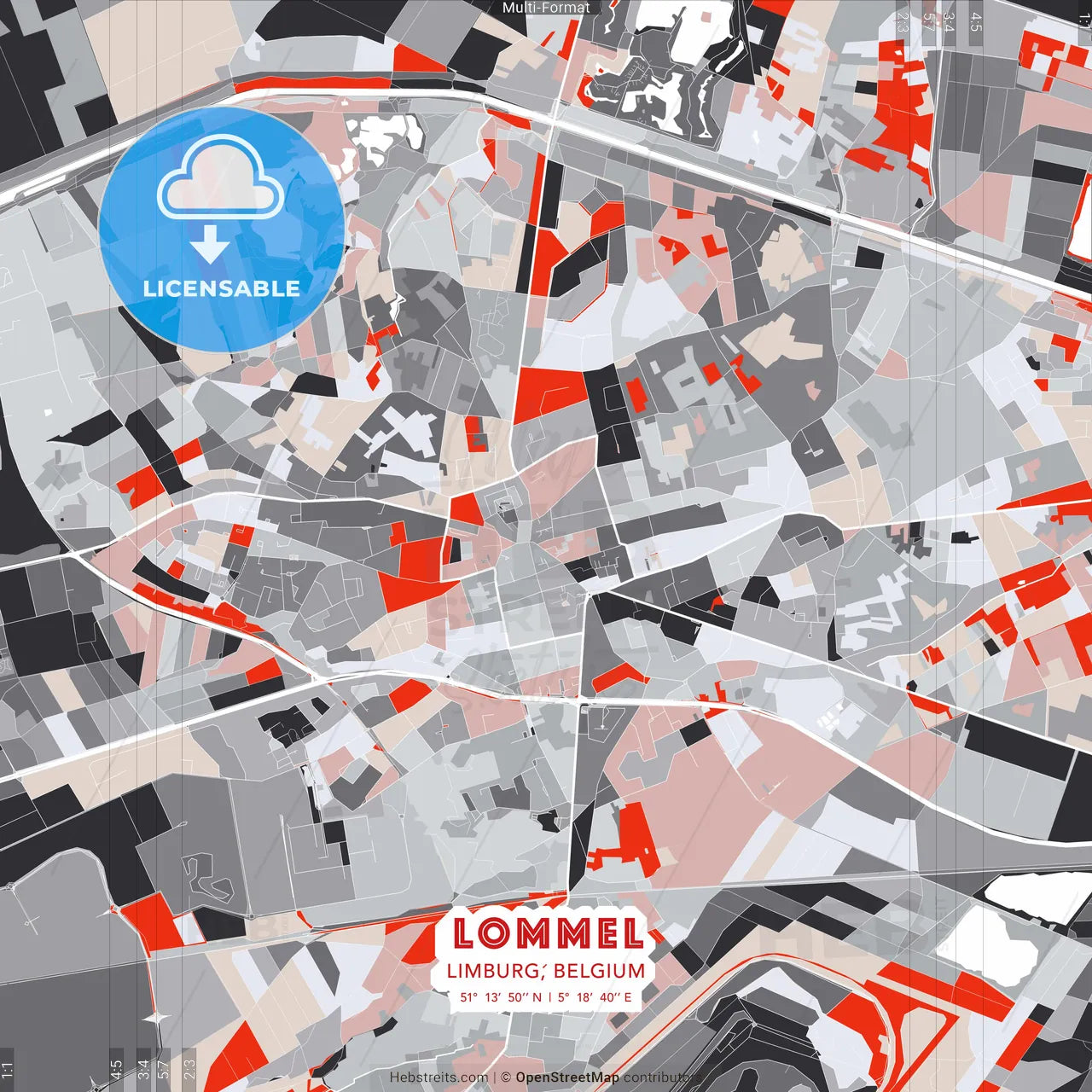 Lommel, Limburg, Belgium - modern street map poster template with gray and red tones