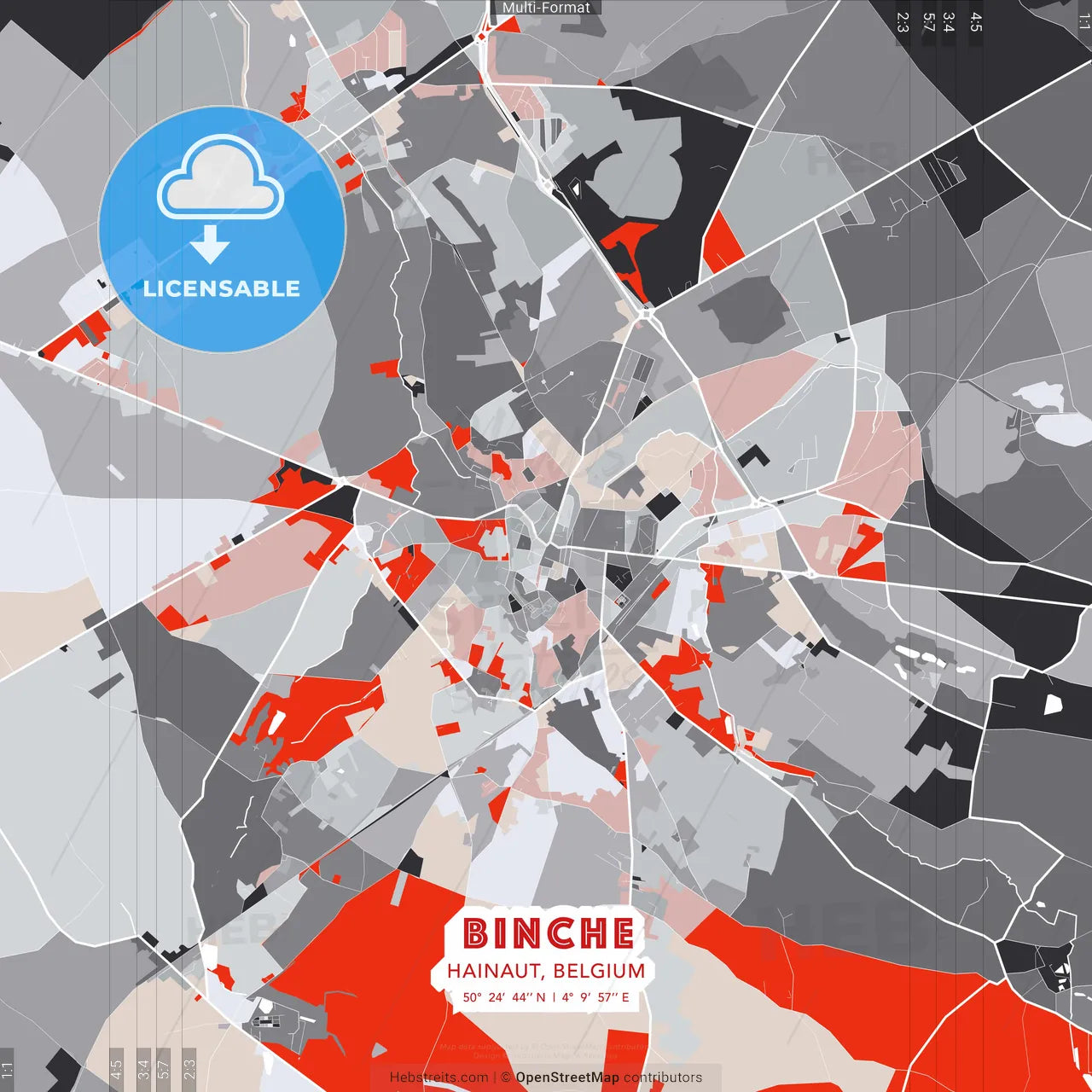 Binche, Hainaut, Belgium - modern street map poster template with gray and red tones