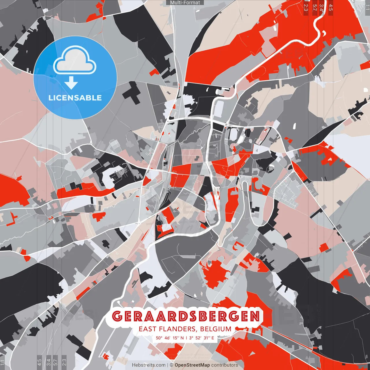 Geraardsbergen, East Flanders, Belgium - modern street map poster template with gray and red tones