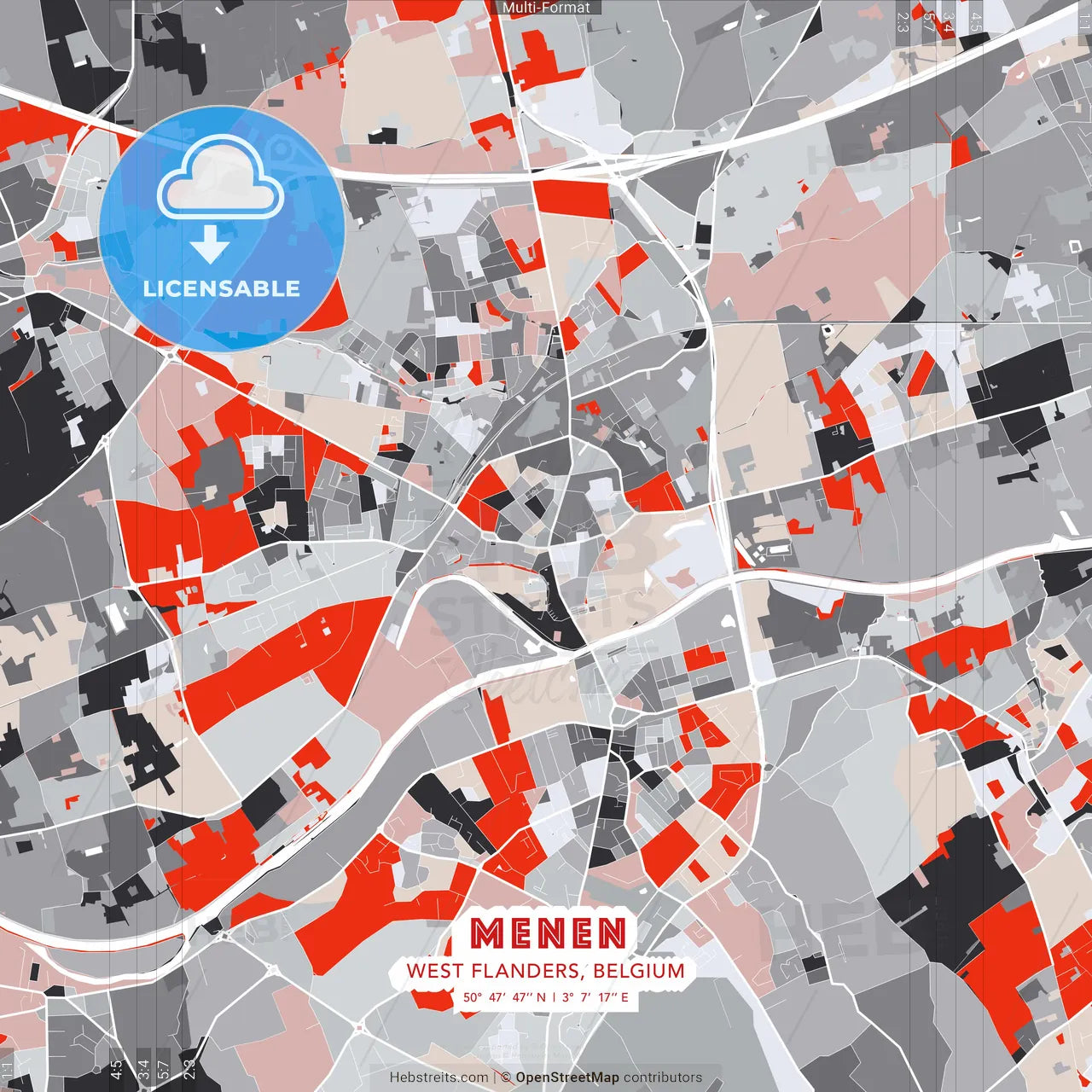 Menen, West Flanders, Belgium - modern street map poster template with gray and red tones
