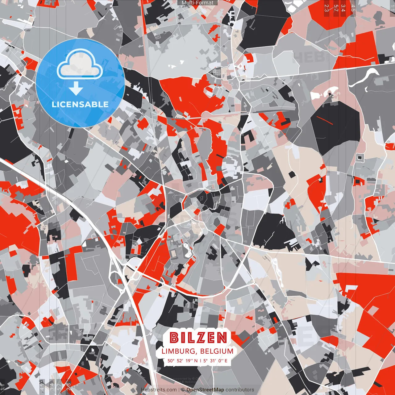 Bilzen, Limburg, Belgium - modern street map poster template with gray and red tones