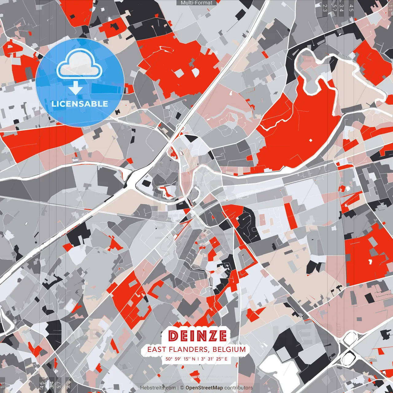 Deinze, East Flanders, Belgium - modern street map poster template with gray and red tones