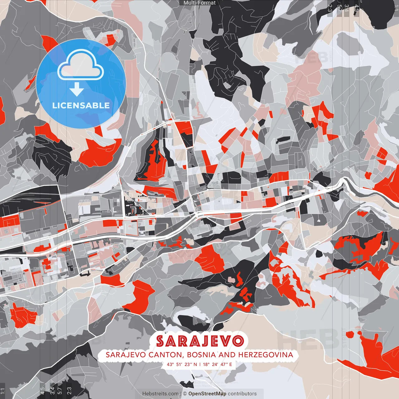 Sarajevo, Sarajevo Canton, Bosnia and Herzegovina - modern street map poster template with gray and red tones