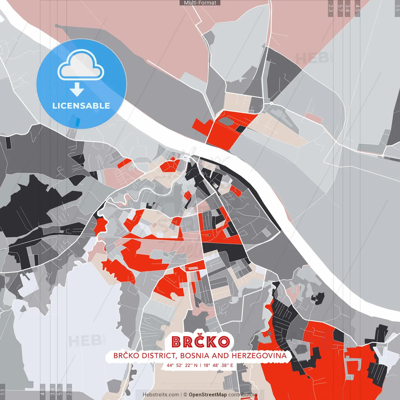 Brčko, Brčko District, Bosnia and Herzegovina - modern street map poster template with gray and red tones