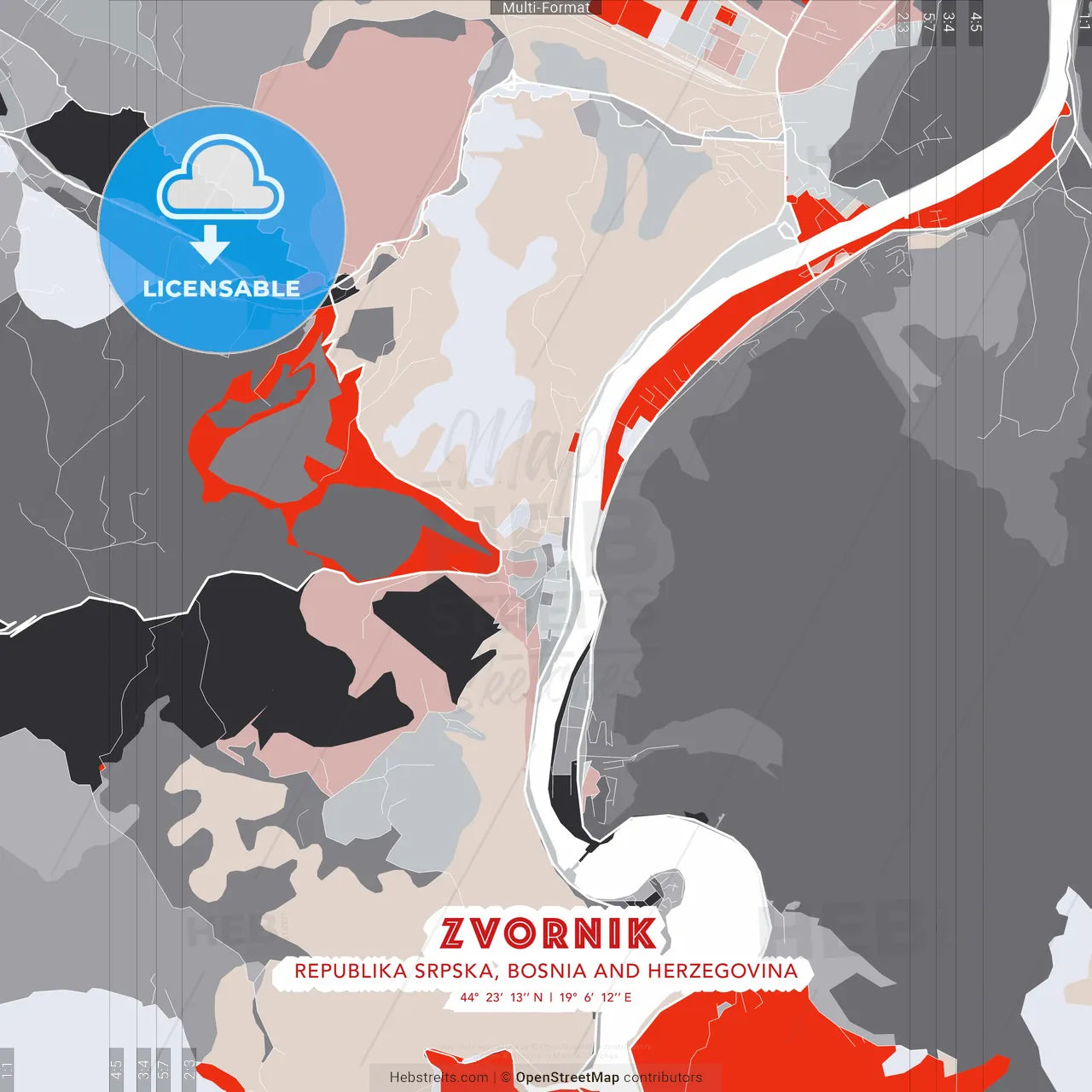 Zvornik, Republika Srpska, Bosnia and Herzegovina - modern street map poster template with gray and red tones