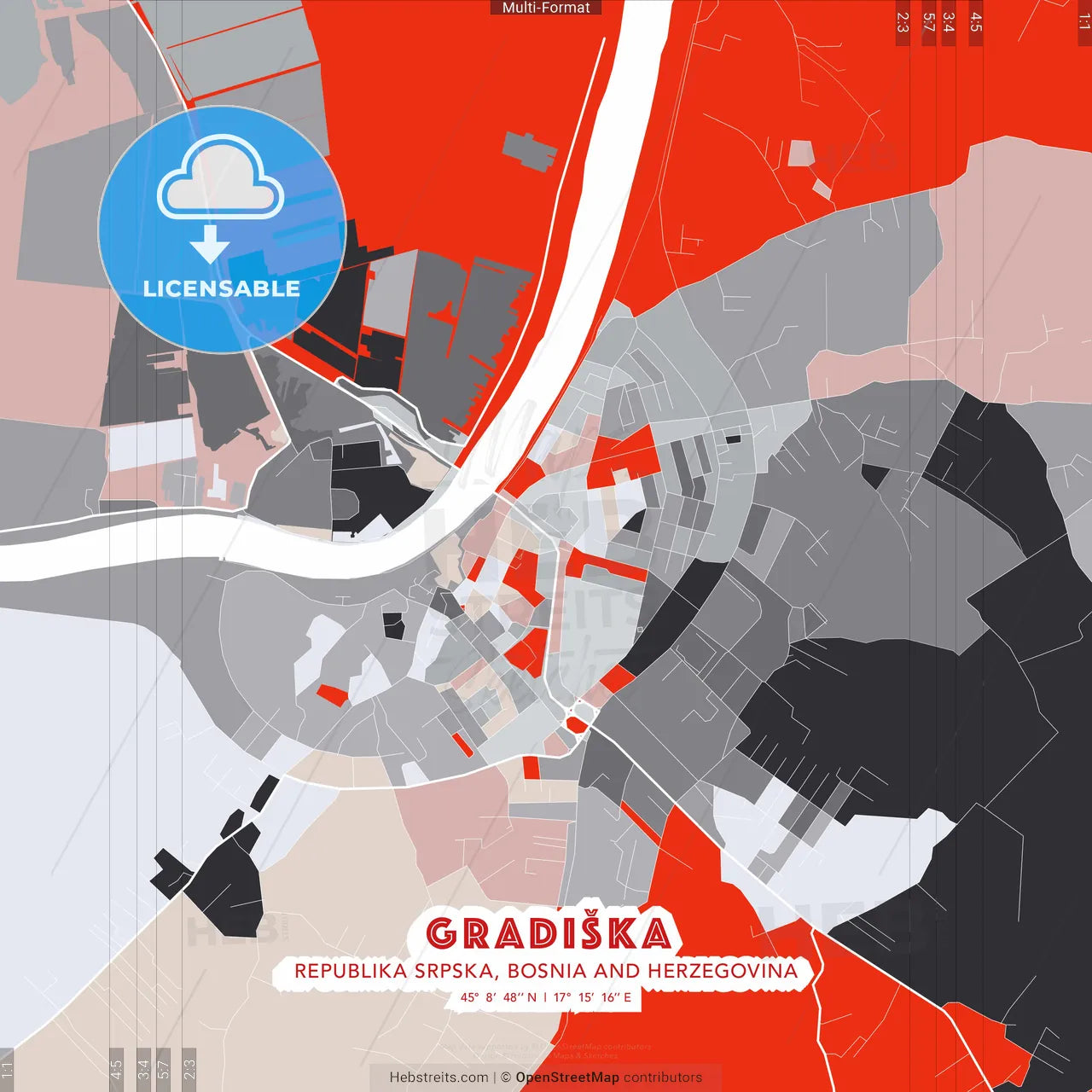 Gradiška, Republika Srpska, Bosnia and Herzegovina - modern street map poster template with gray and red tones